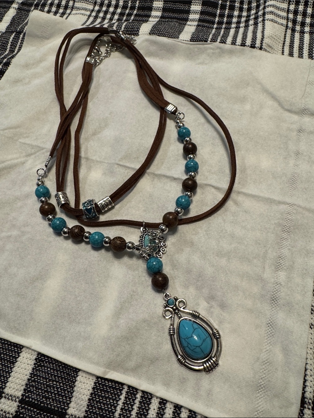 Source Unknown Turquoise & Brown Beaded Pendant Necklace